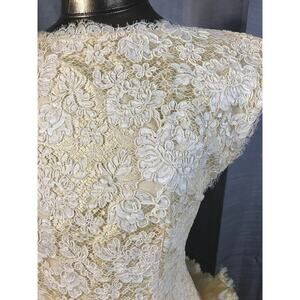 Vintage Custom Yellow Lace and 3D Floral Taffeta Cocktail Dress Sz M